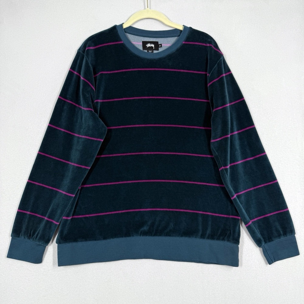 Stussy Navy Velour Crewneck Sweater with Pink Stripes